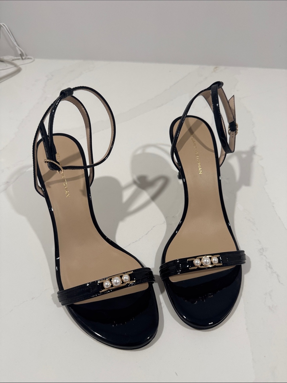 Stuart Weitzman Black Patent Pearl-Accent Ankle Strap Heels
